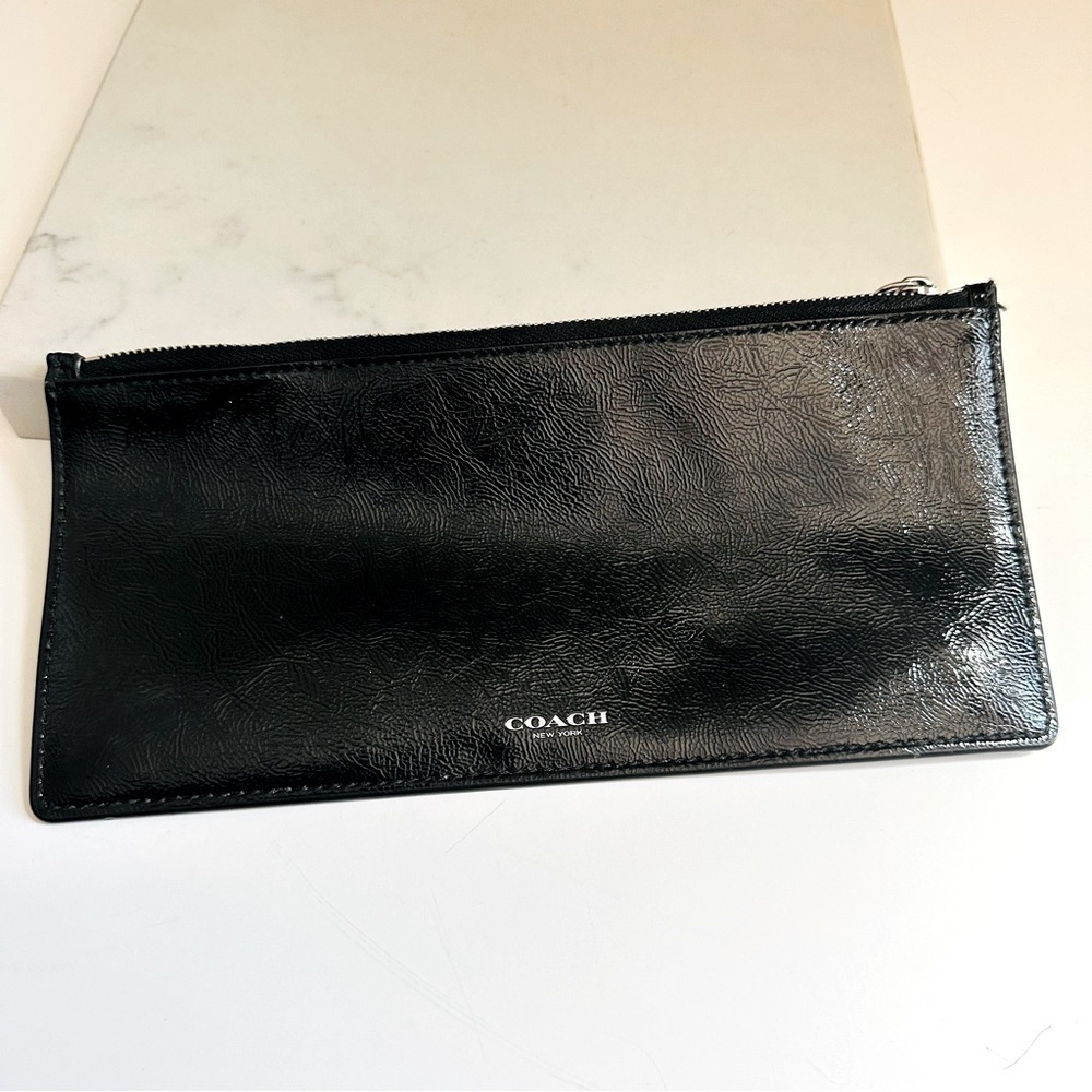 NWOT Coach New York Black Leather Zipper Polyester Lining Clutch/Pouch Bag